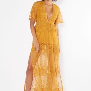 Mustard V Neck Sheer Lace Kimono Maxi Romper